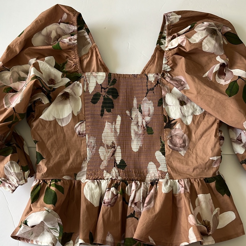 Express Brown Ruffled Peplum Blouse with Tie Front - Picture 3 of 5